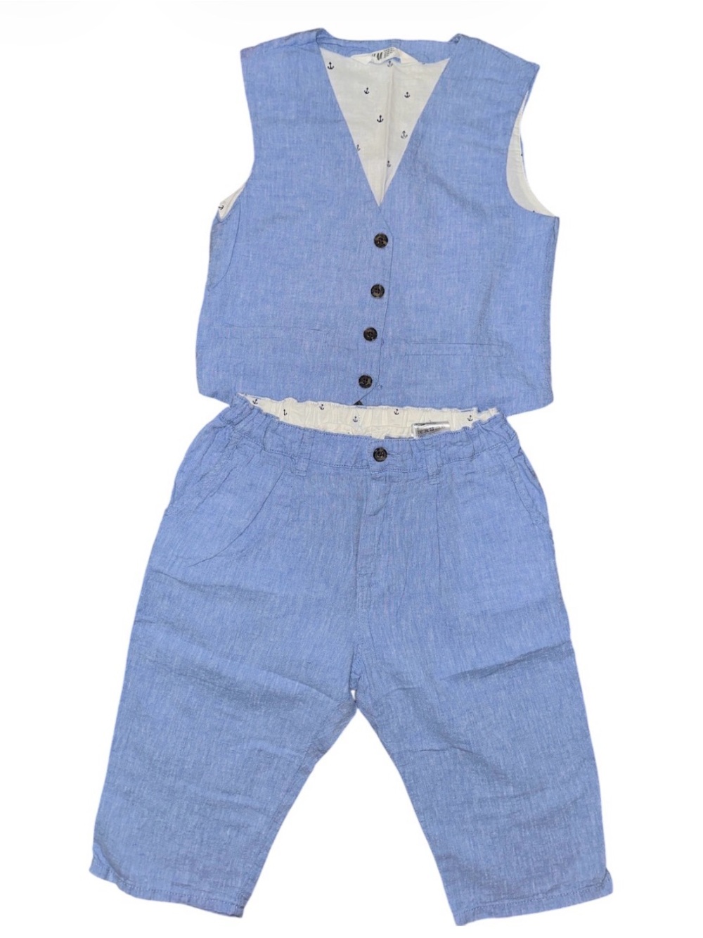 Light Blue Boys' Linen Blend Vest & Pants Set